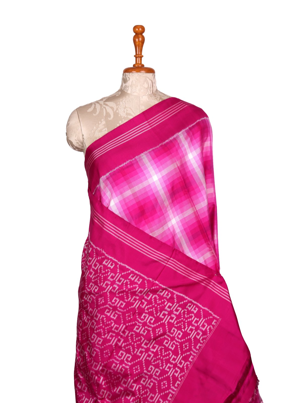 Multicolor Checked Ikat Silk Saree with Pink Border