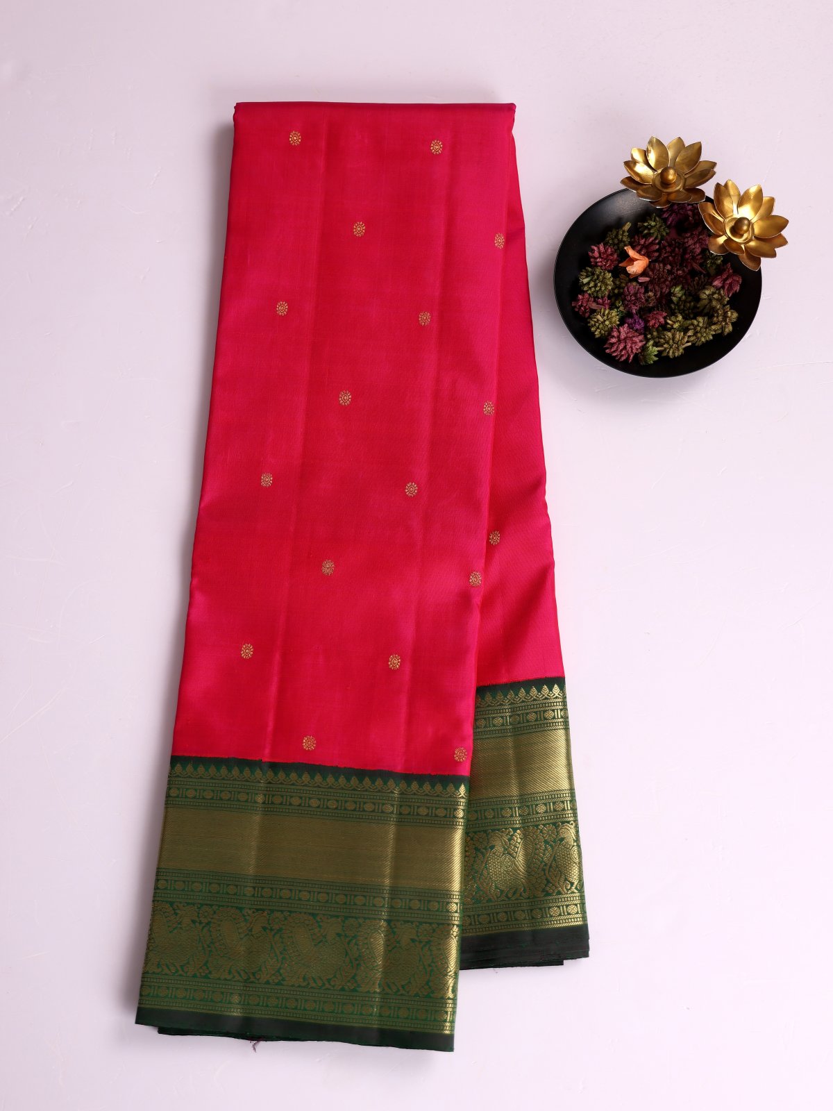 Rani Pink Kanjeevaram Silk Saree With Dark Green Zari Border