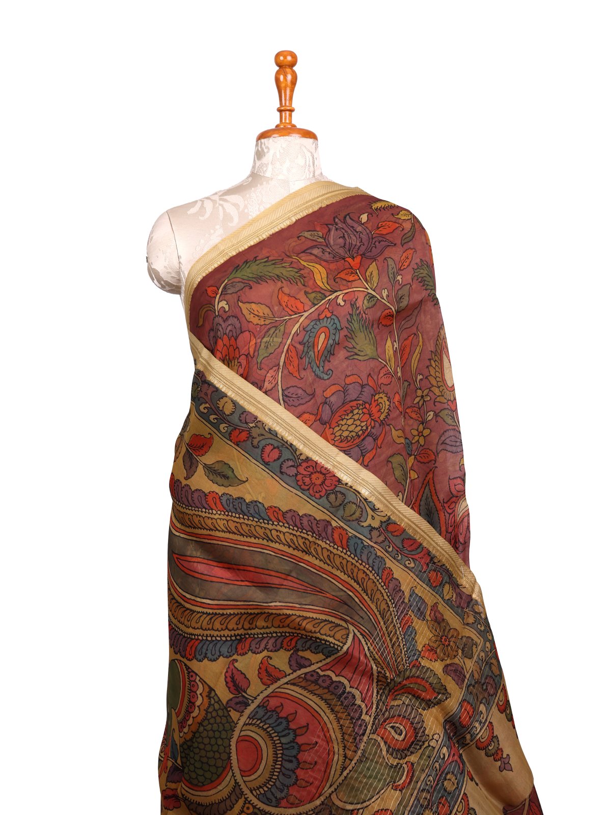 Pastel Maroon Kalamkari Printed Organza Silk Saree