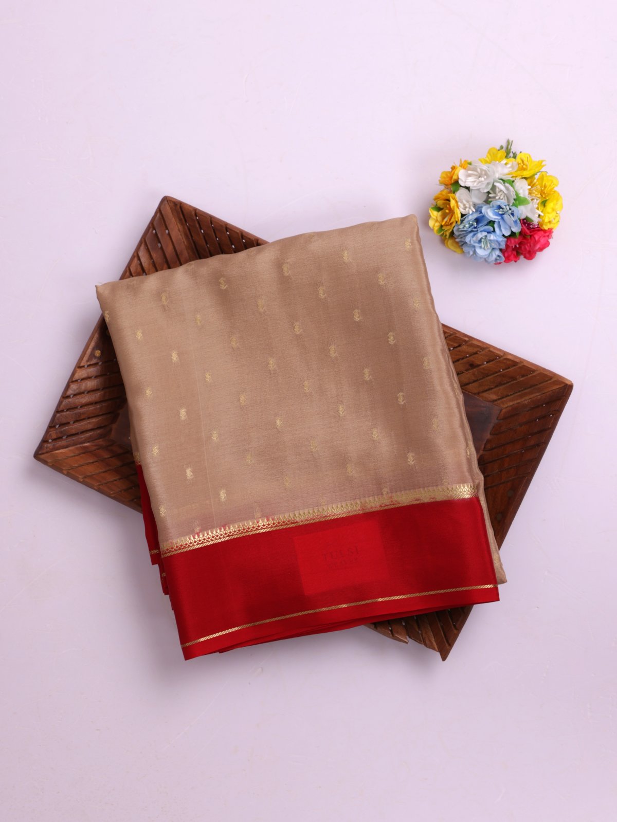 Beige Mysore Silk Saree With Red Border