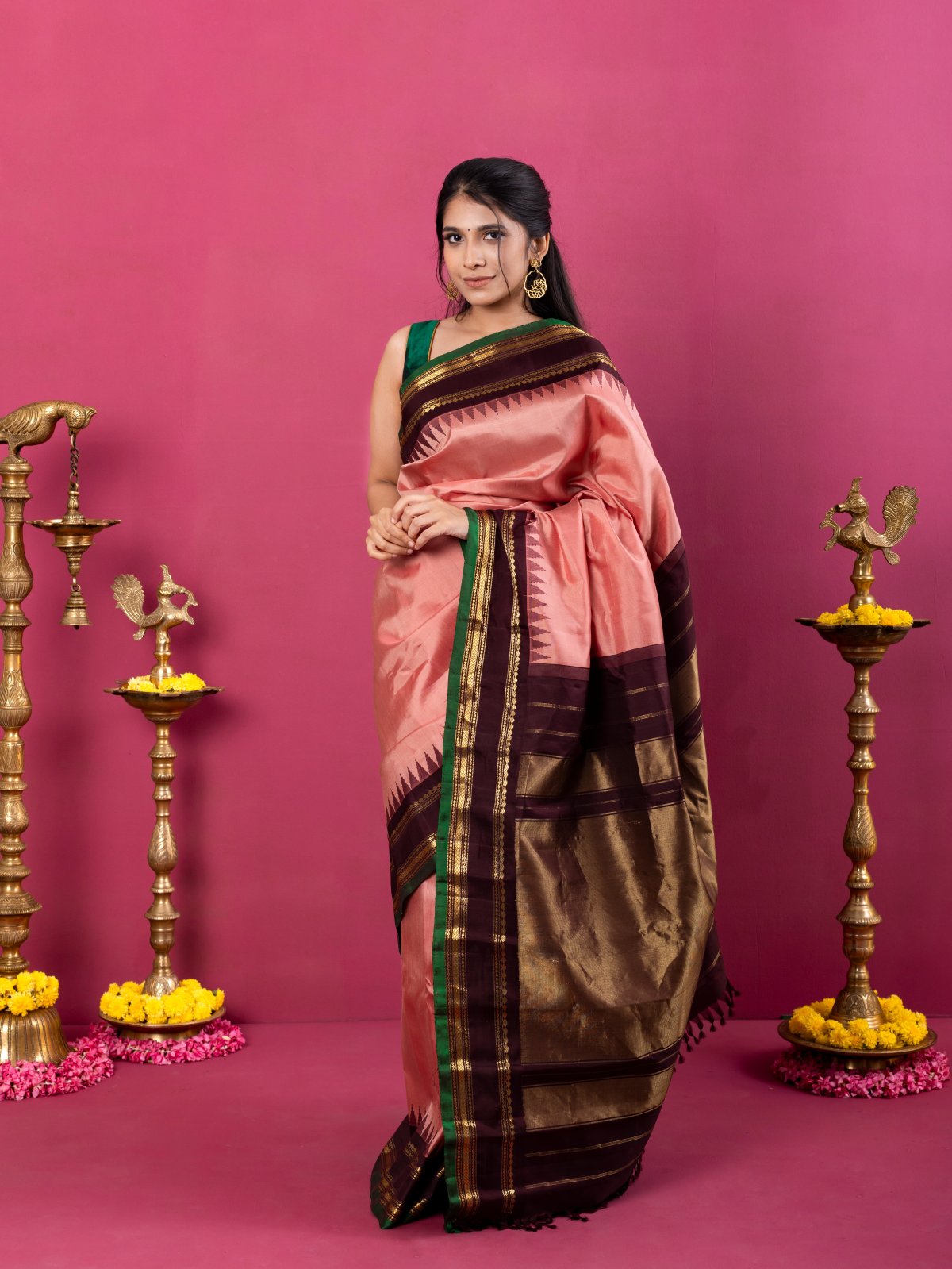 Peachy Pink Gadwal Silk Saree