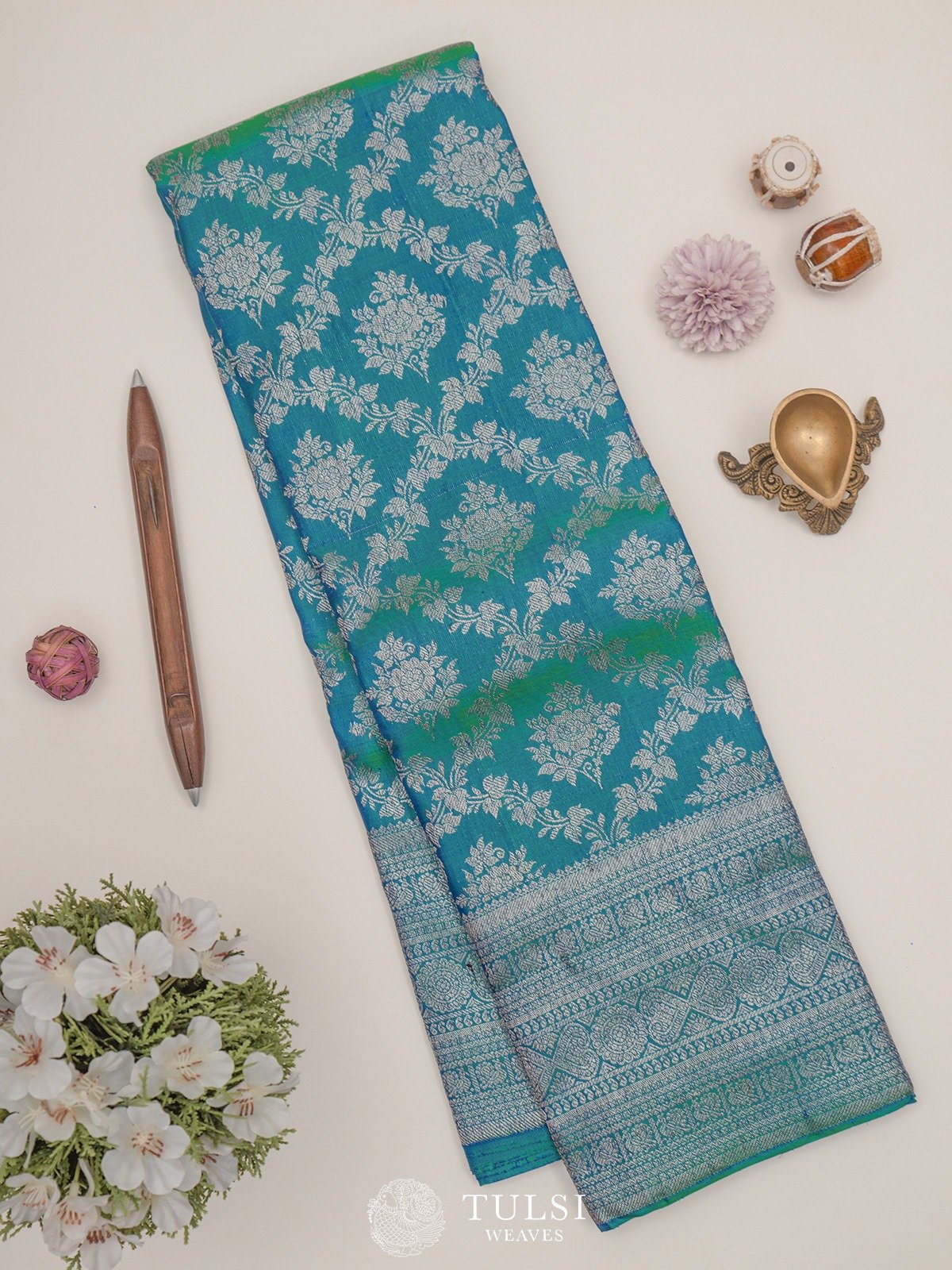 Bluish Green Kanjeevaram Silk Saree with Antique Zari