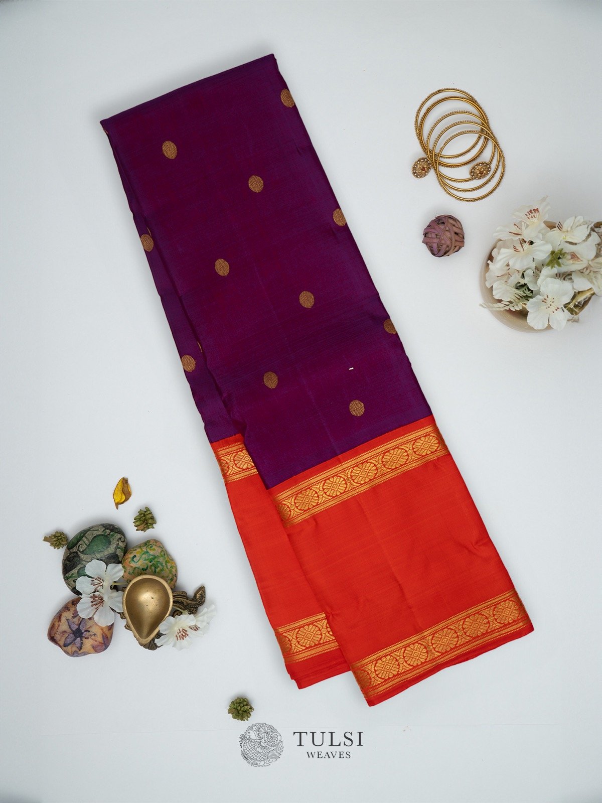 Purple Kanchipuram Silk Saree with Orange border 