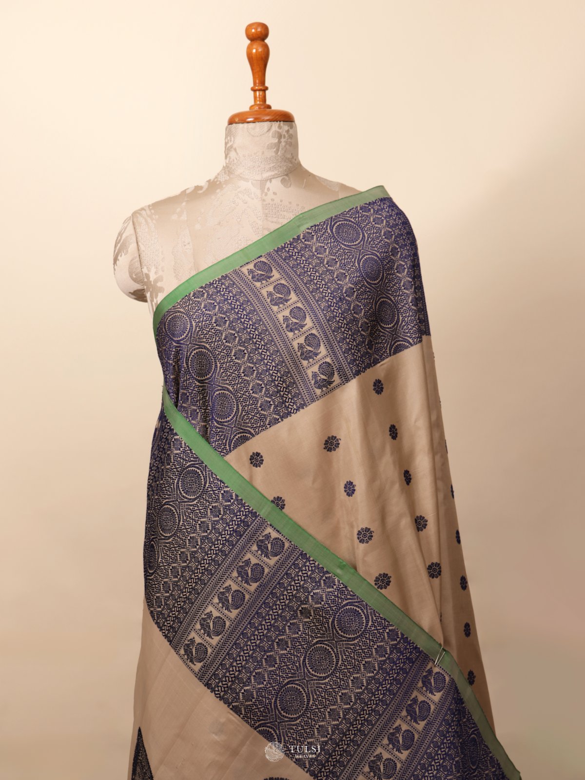 Beige Gadwal with Navy Blue Border Silk Saree