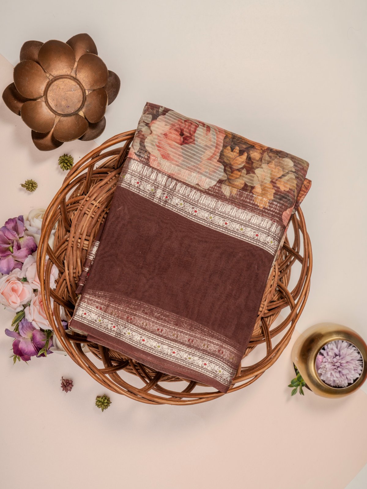 Brown Floral Printed Organza Silk Saree