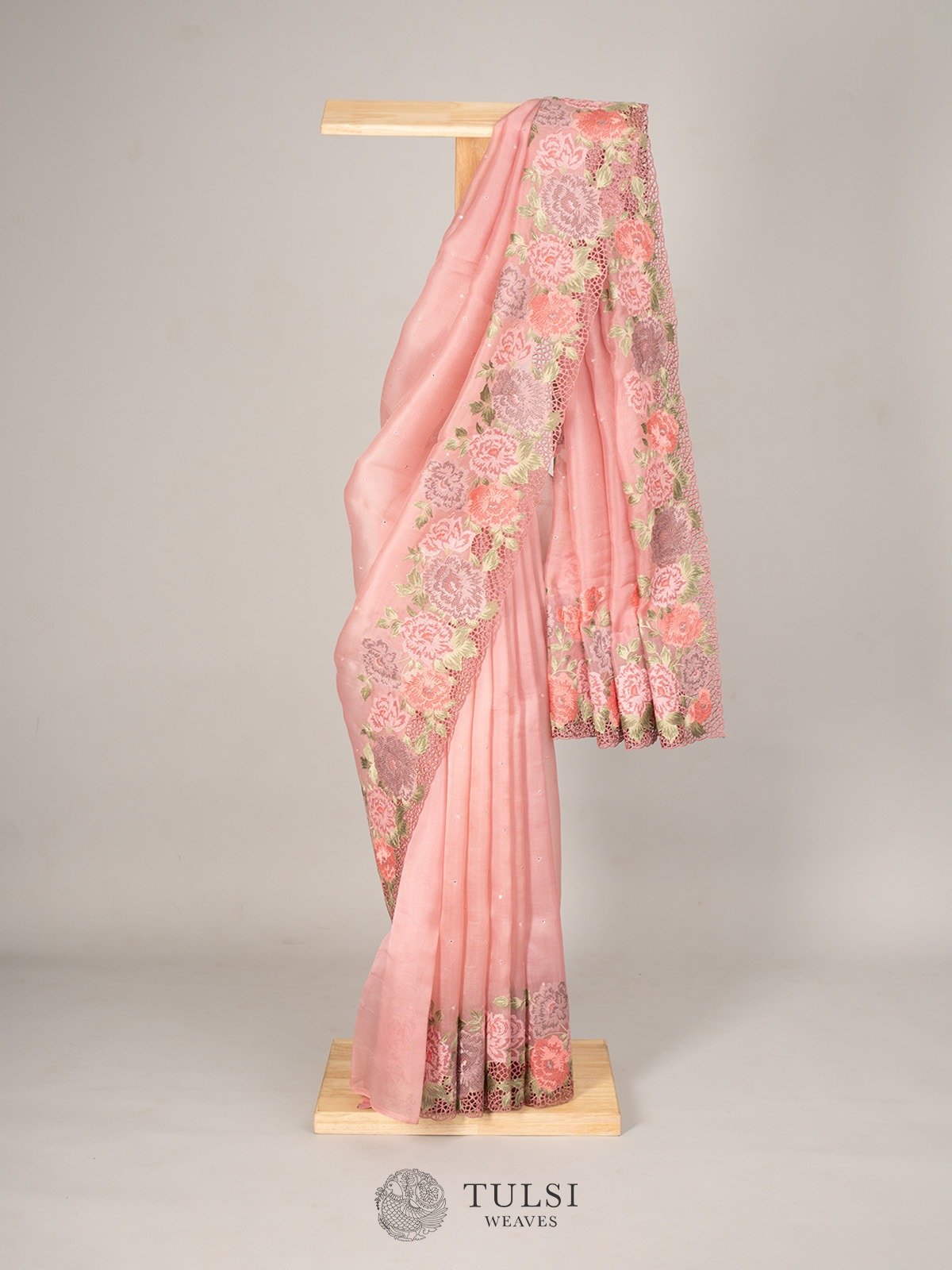 Dusty Pink Organza Saree With Cutwork Floral Border