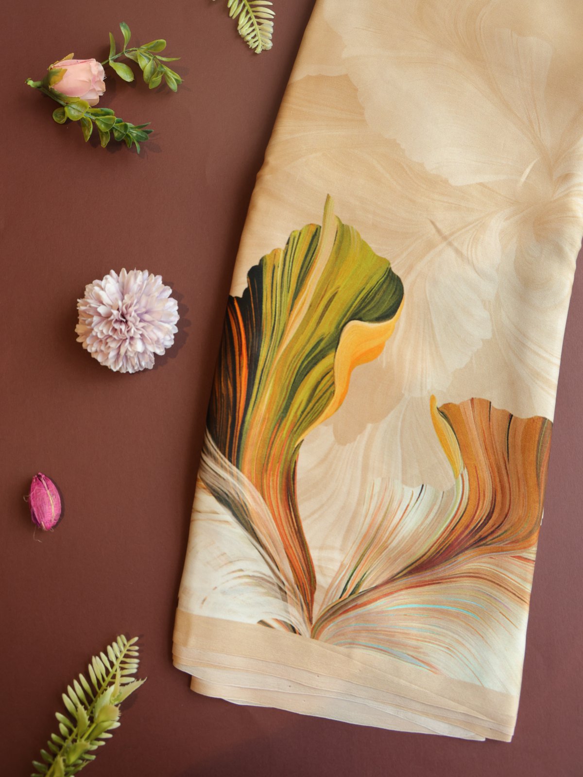 Sandel Satin Crepe Silk Saree With Floral Prints