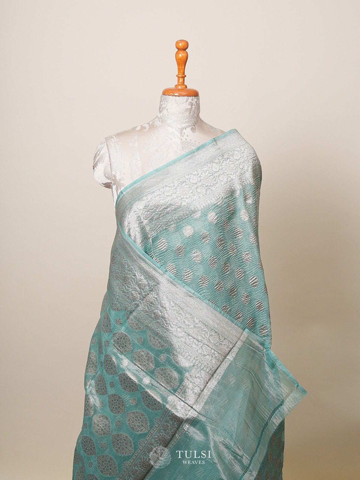 Turquoise blue crushed Organza Saree