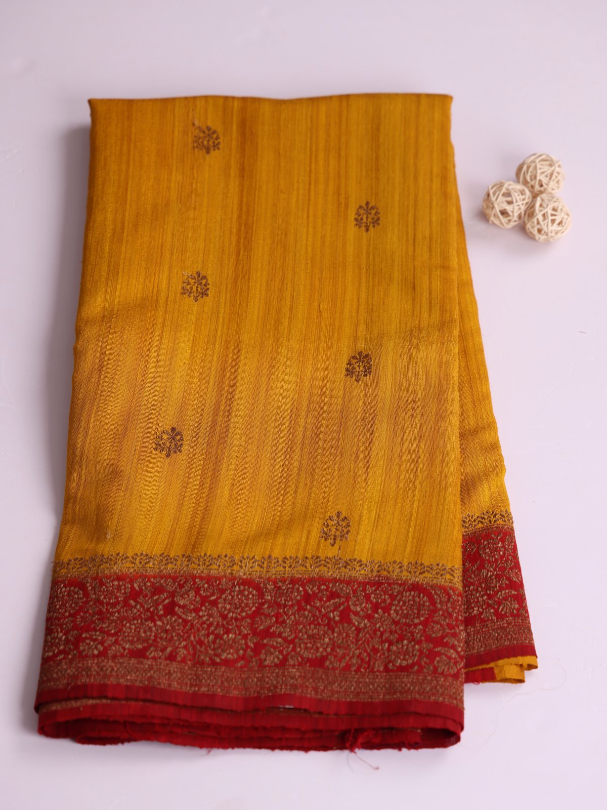 Mustard Yellow Banaras Tussar Silk Saree With Dark Red Border