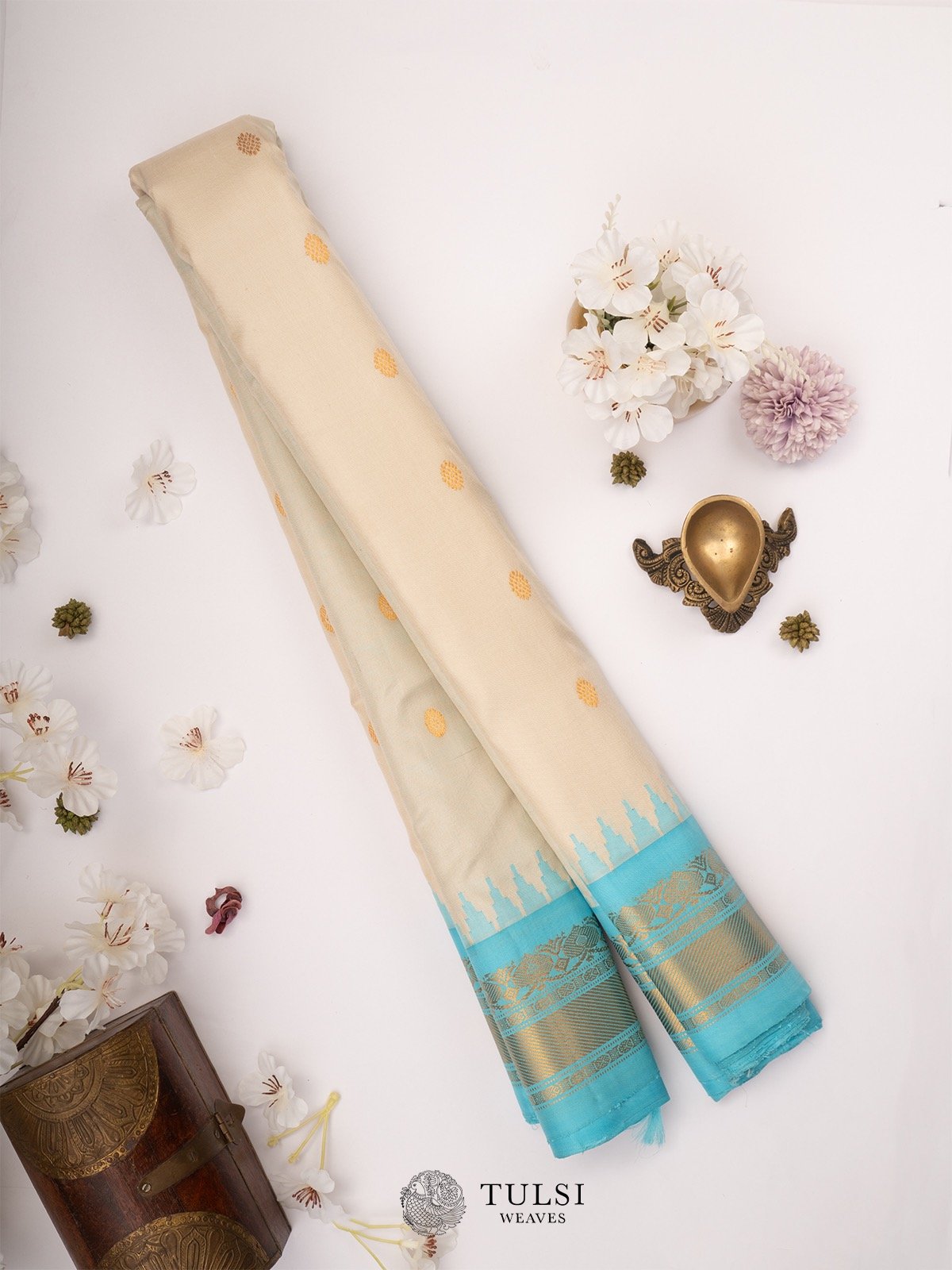 Off-White Gadwal Silk Saree with Blue border