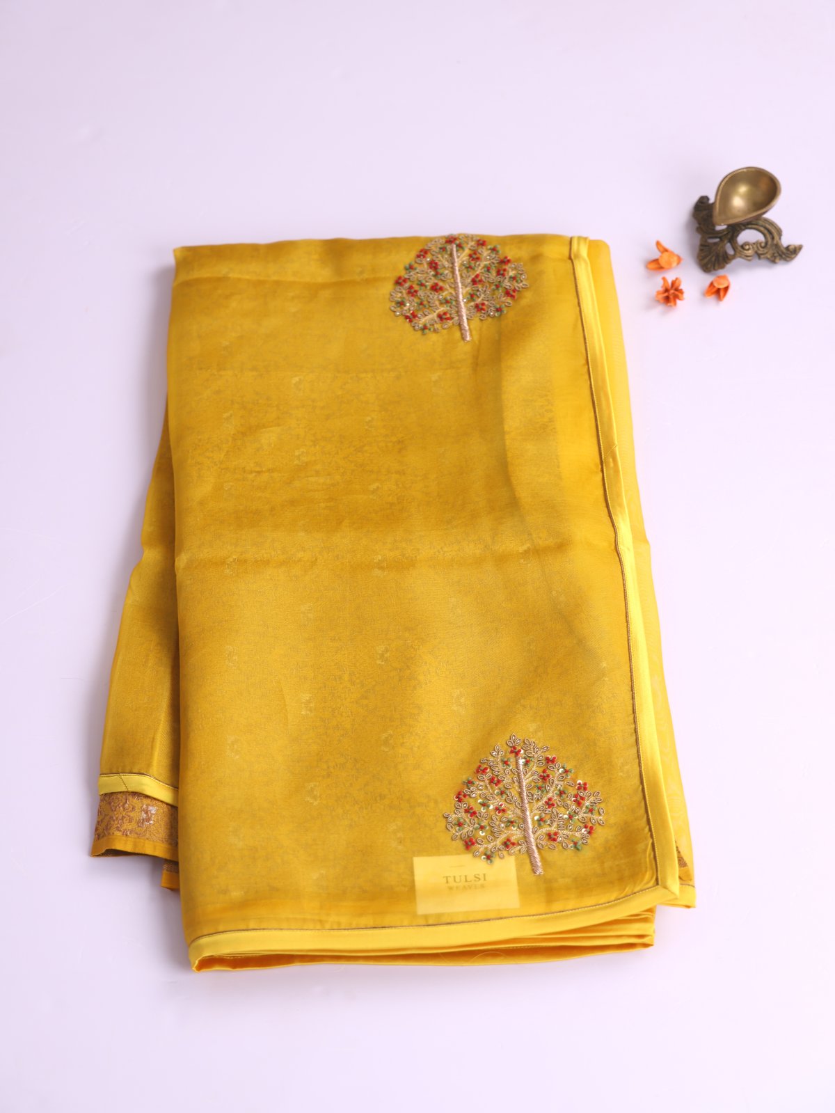 Yellow Embroidered Organza Silk Saree 