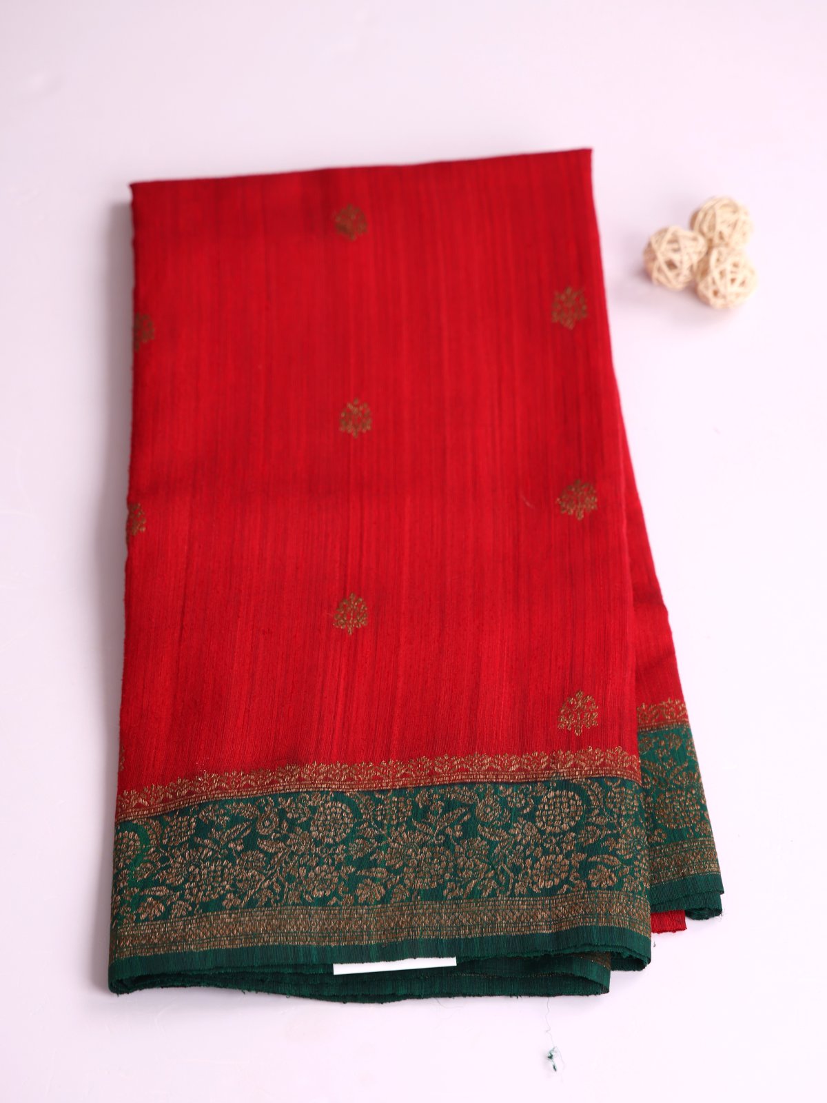 Red Banaras Tussar Silk Saree With Bottle Green Border