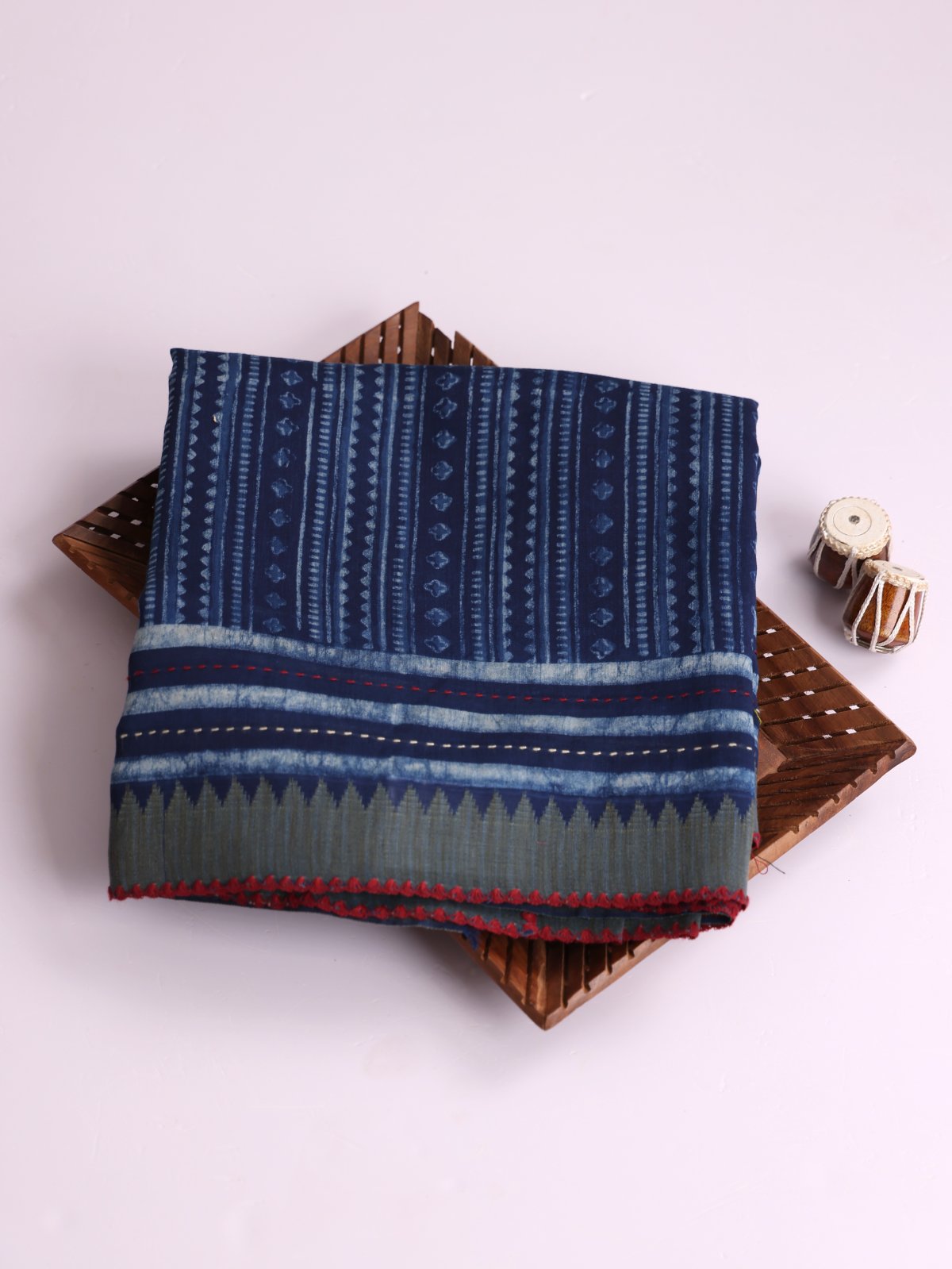 Indigo Printed Chanderi Cotton Saree With Kantha Embroidered Border