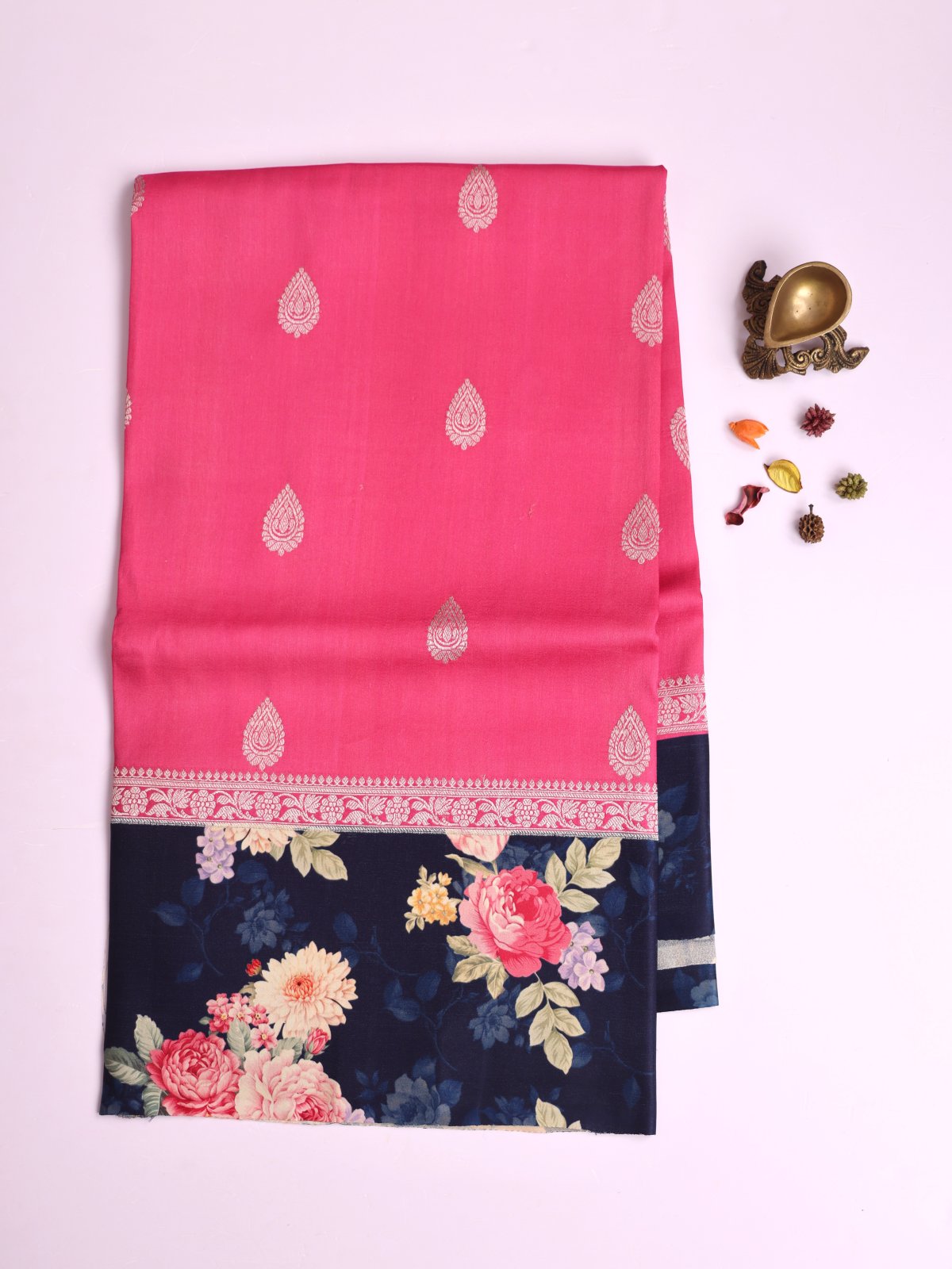 Pink Banaras Tussar Georgette Silk Saree with Printed Navy Blue Satin Border