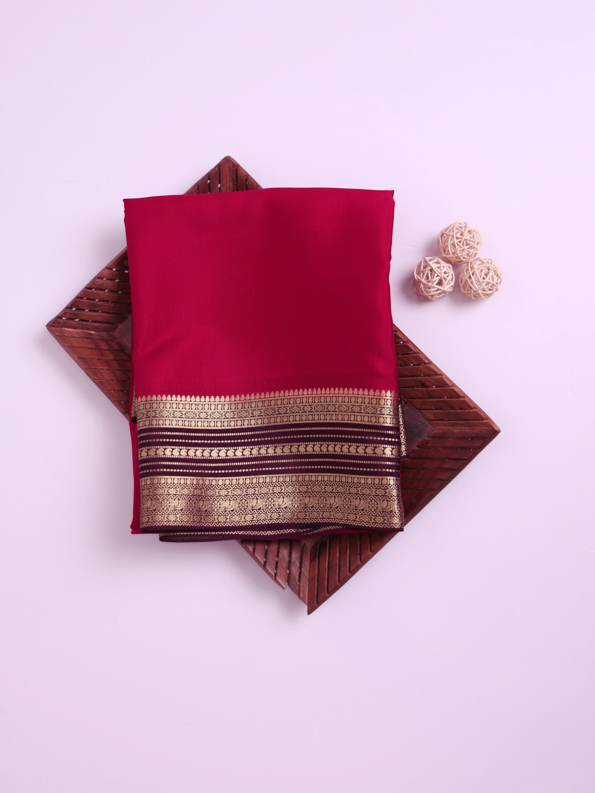 Pinkish Red Mysore Silk Saree with Burgundy Zari Border