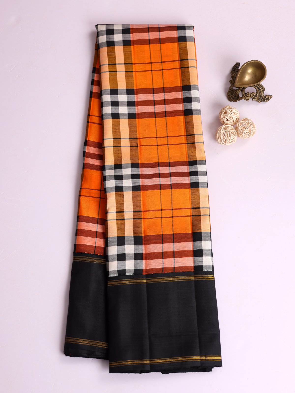 Multicolor Checked Kanjeevaram Silk Saree With Black Bodi Border