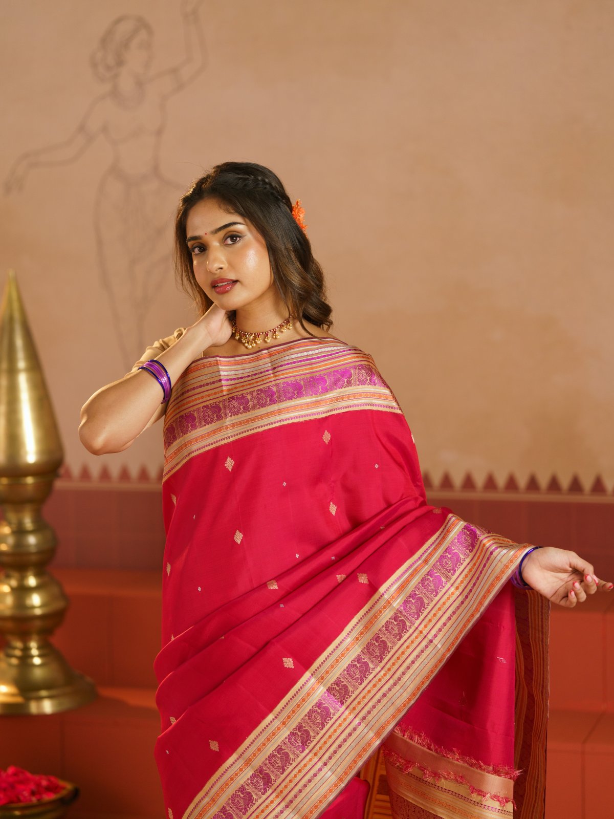 Crafted 25 - Pinkish Red Kanjeevaram Silk Saree With Beige Pattupettu Border