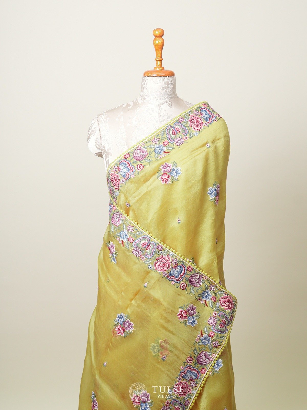 Dark Yellow Green Organza Saree With Embroidered Border