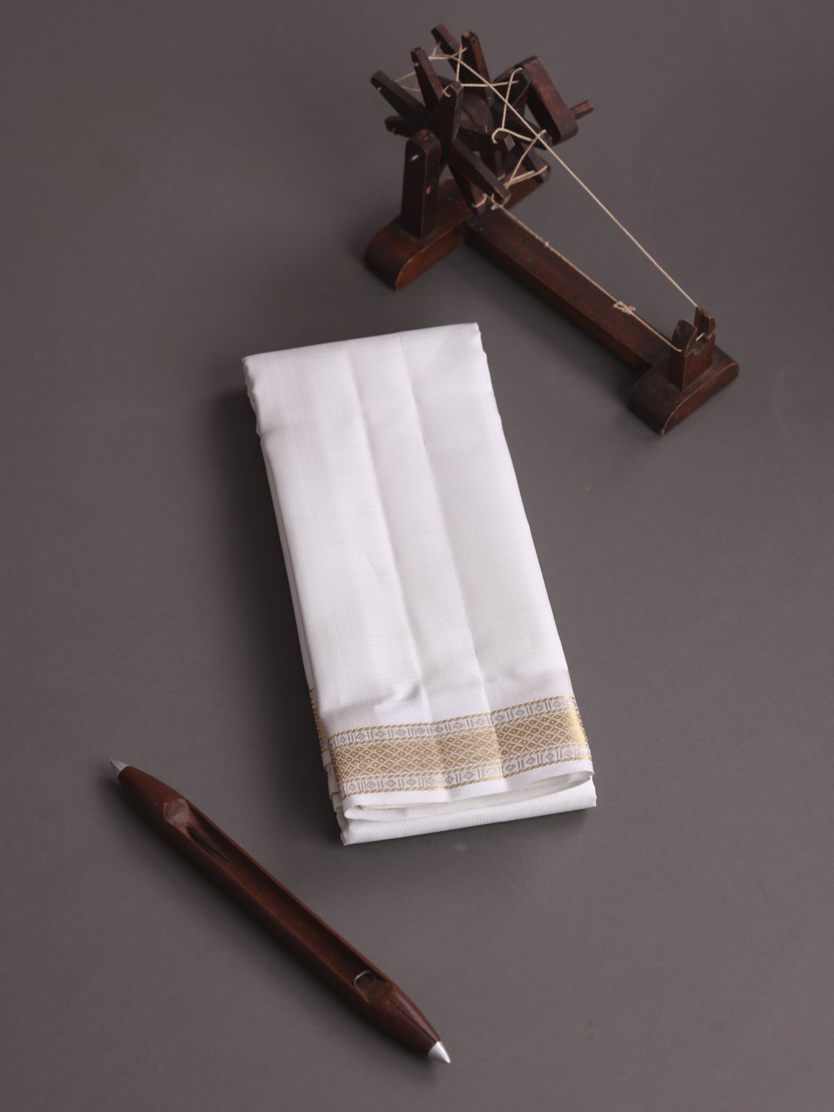 White Silk Dhoti With Zari Border