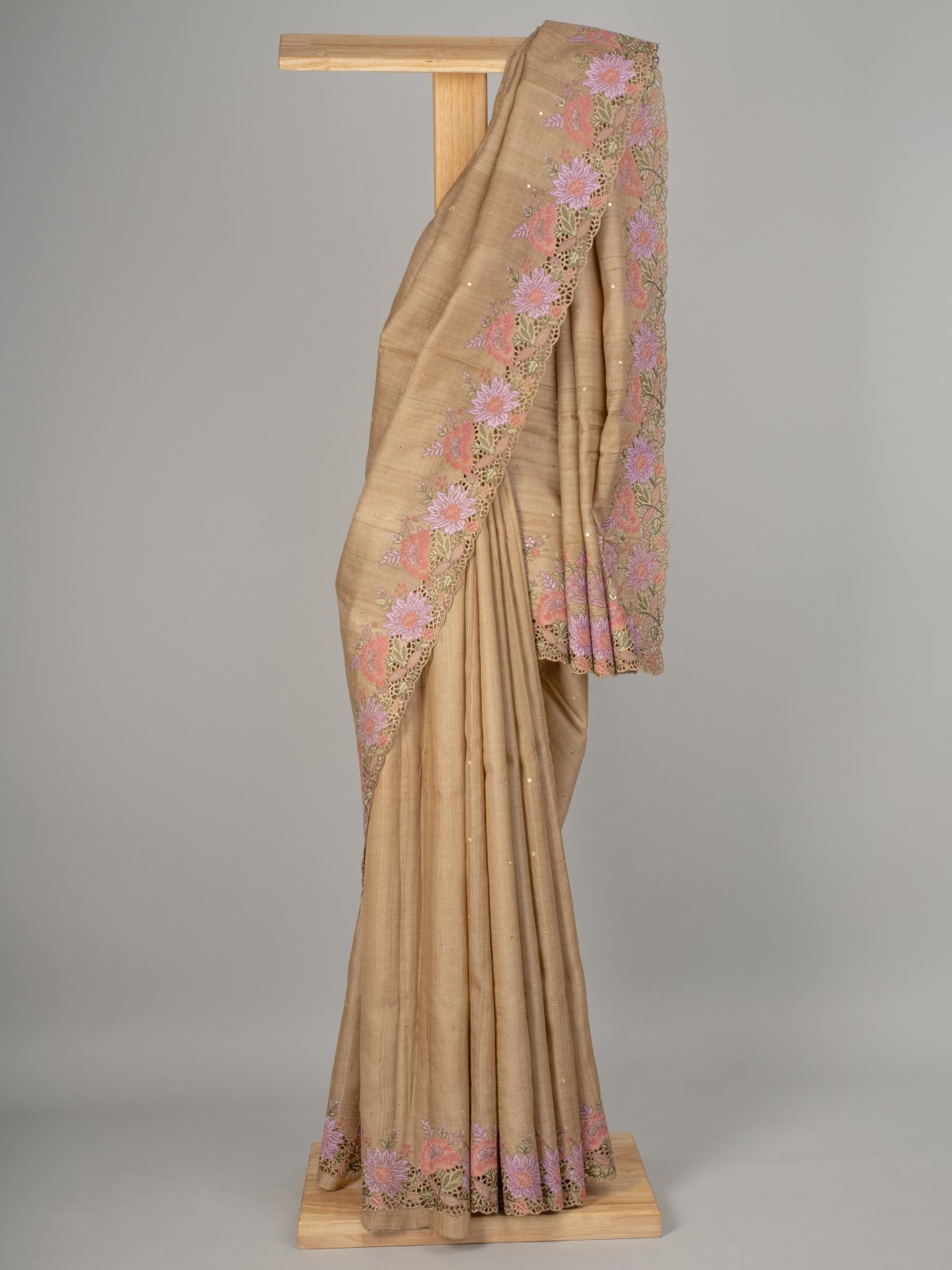 Light Khaki Tussar Silk Saree with Floral Embroidery Border
