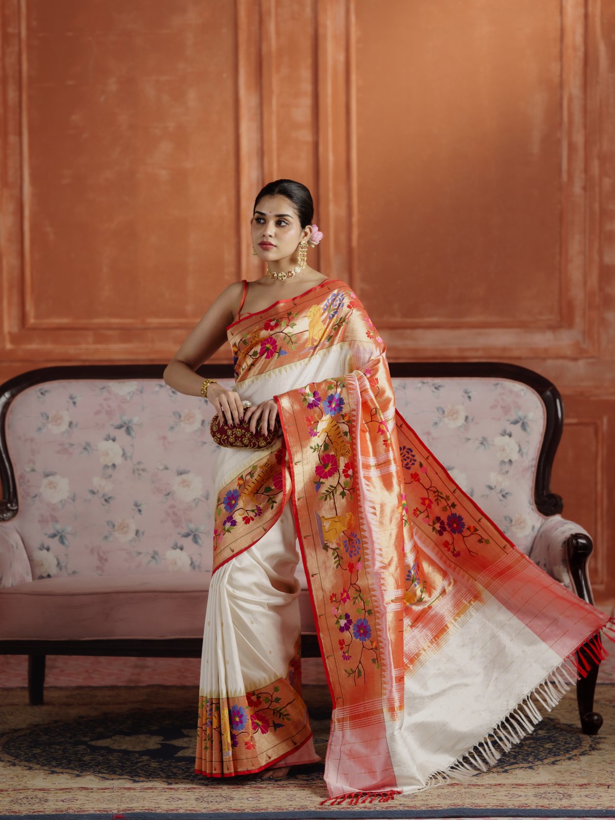 Curated 27 - White Paithani Silk Saree With Red Border