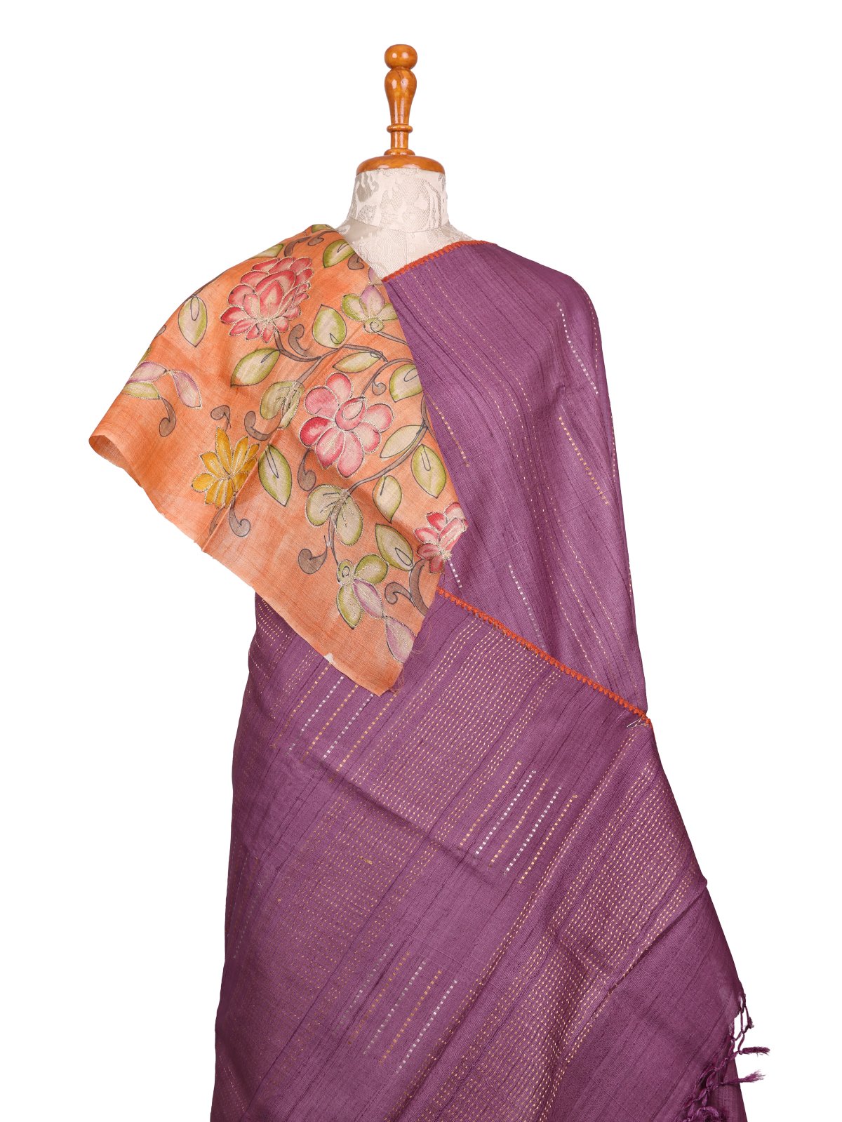 Mauve Zari Striped Tussar Silk Saree With Kalamkari Blouse