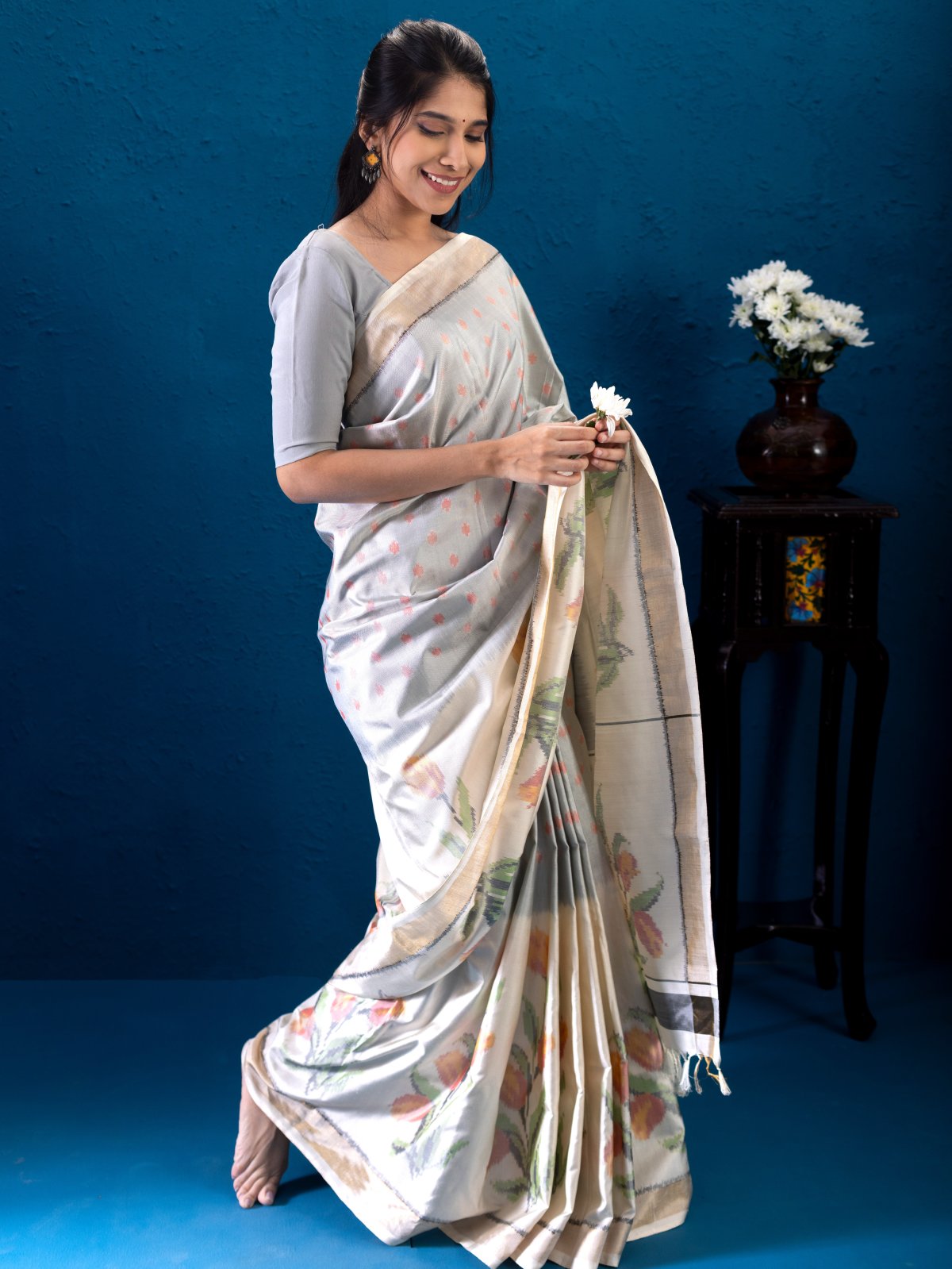 Grey Patola Silk Saree with Off-white Border