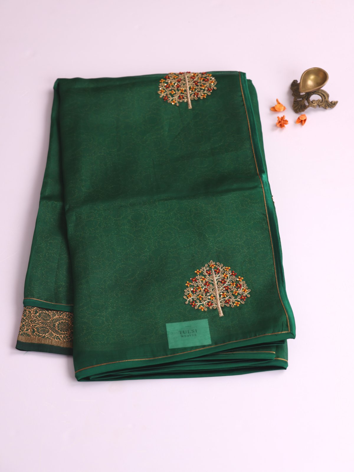 Bottle Green Embroidered Organza Silk Saree