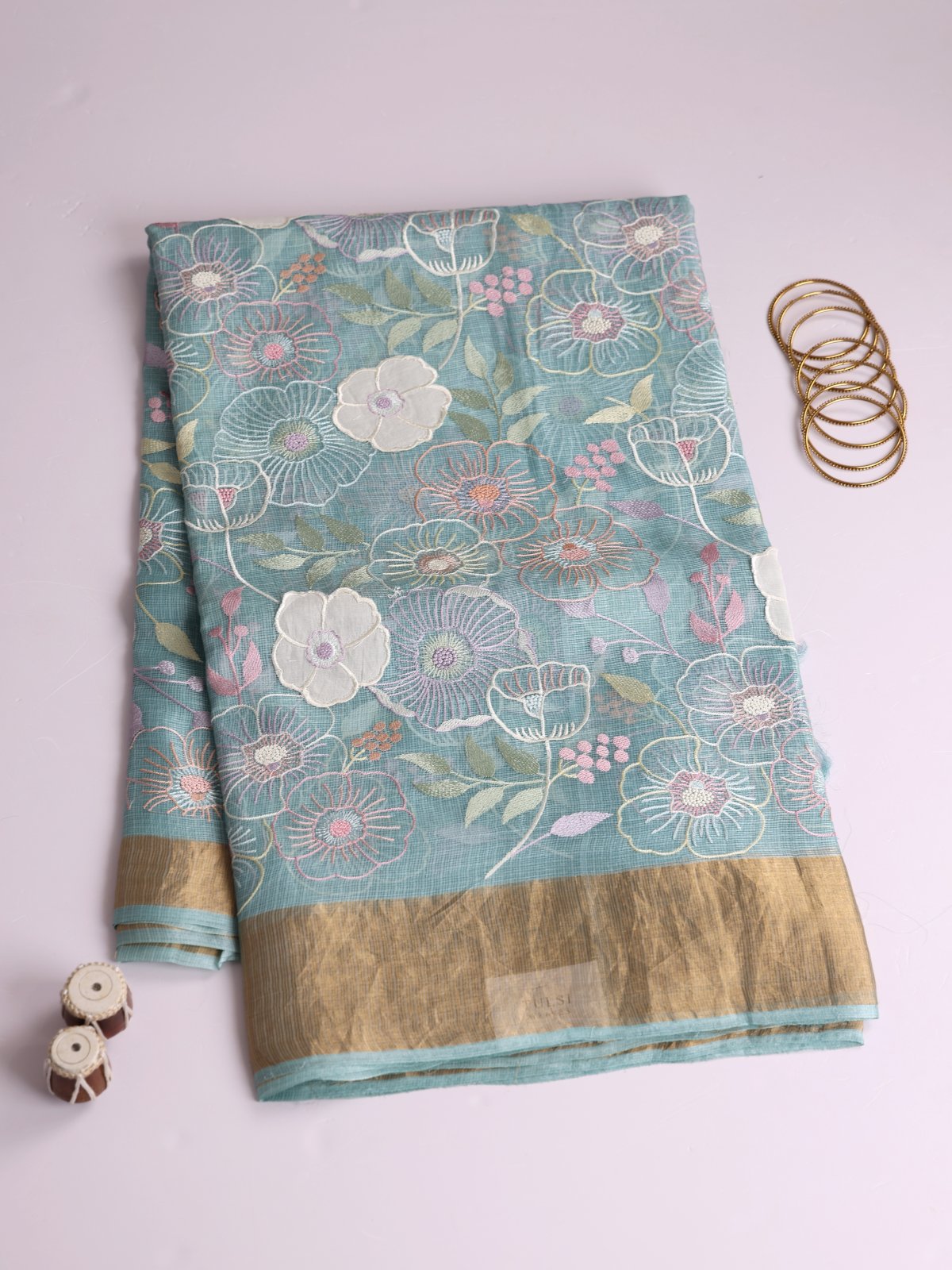 Light Teal Blue Kota Silk Saree With Applique Work