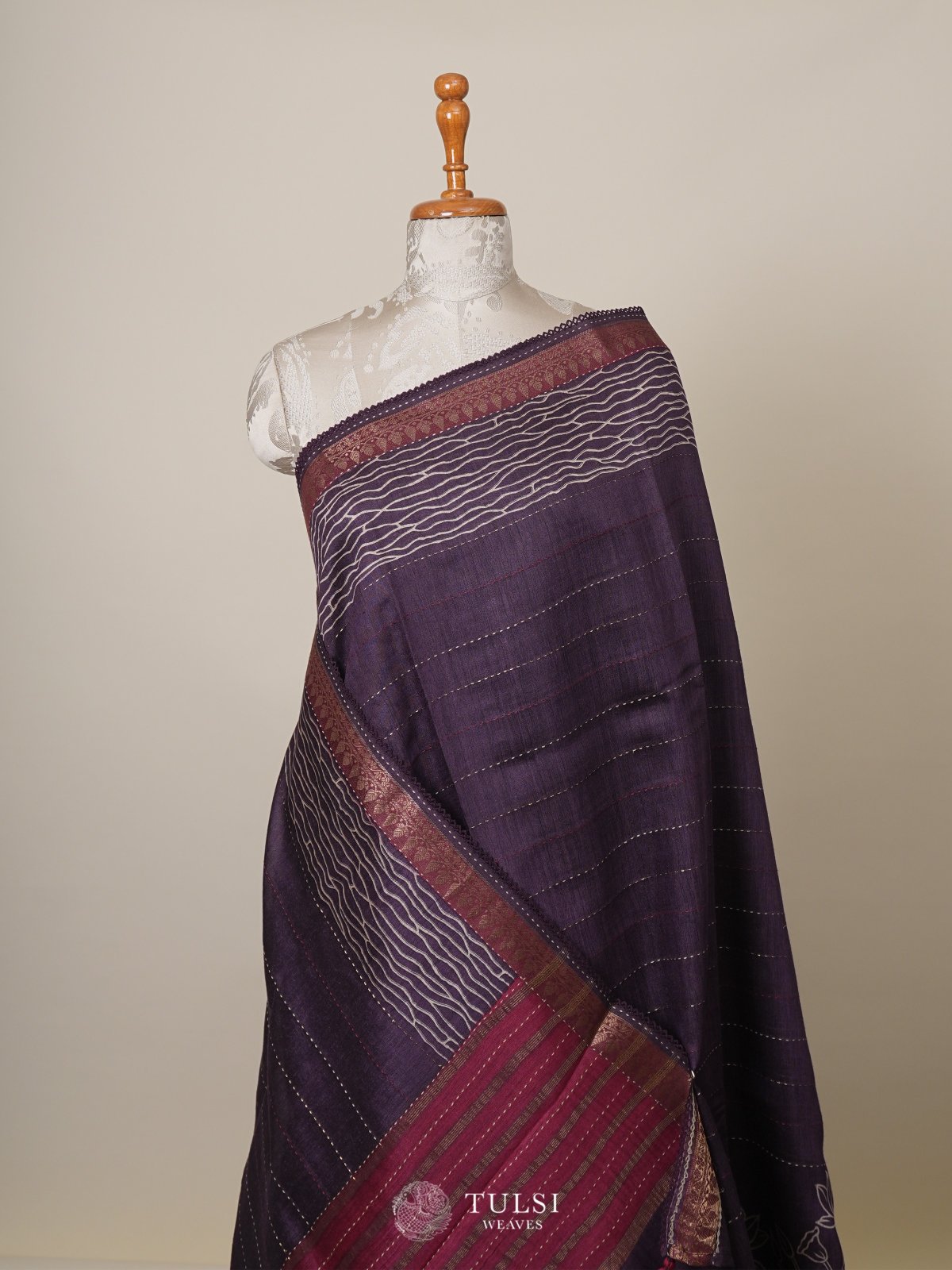 Purple Printed Tussar Silk Saree