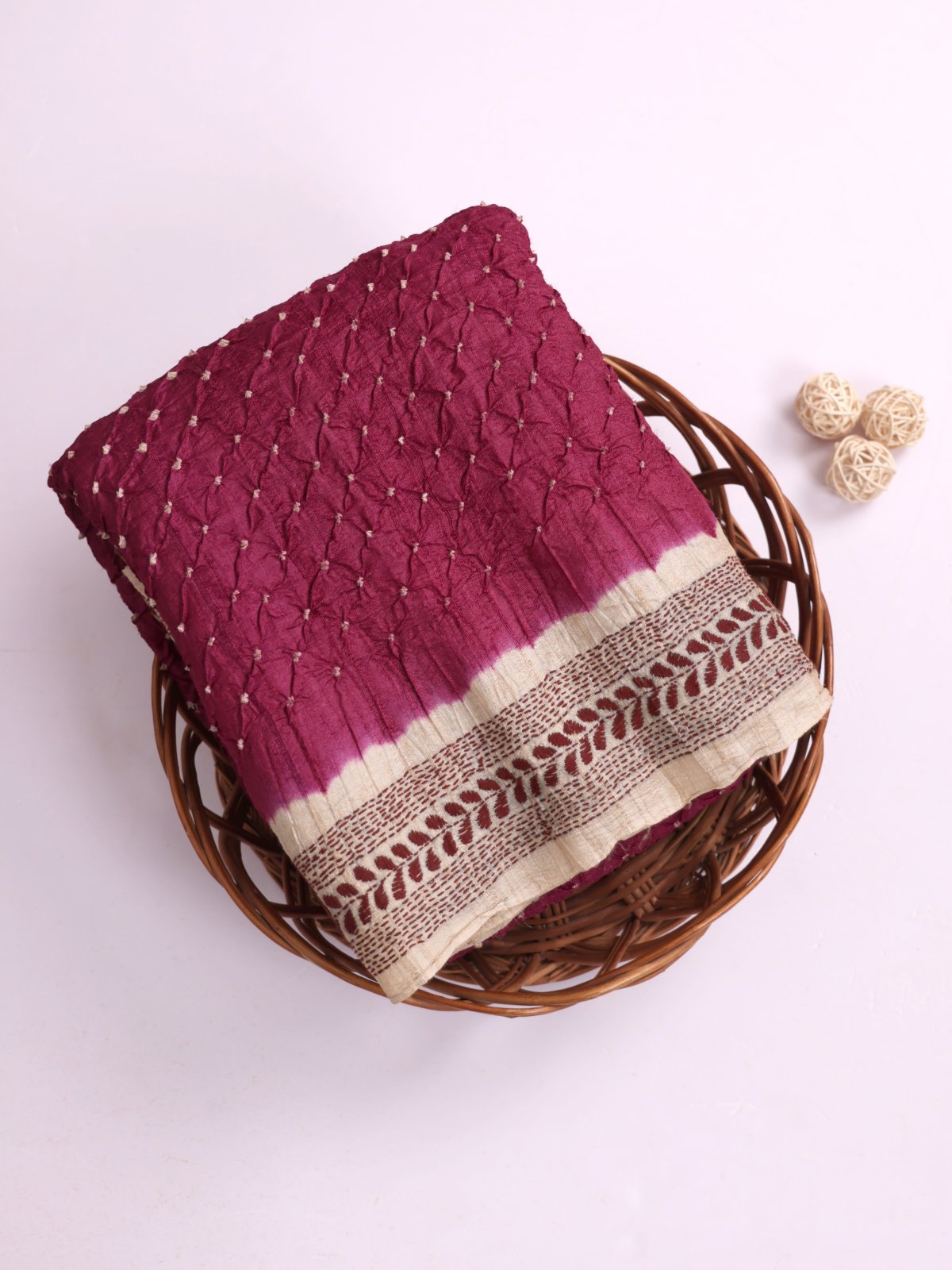 Dark Magenta Bandhini Tussar Silk Saree With Embroidered Border