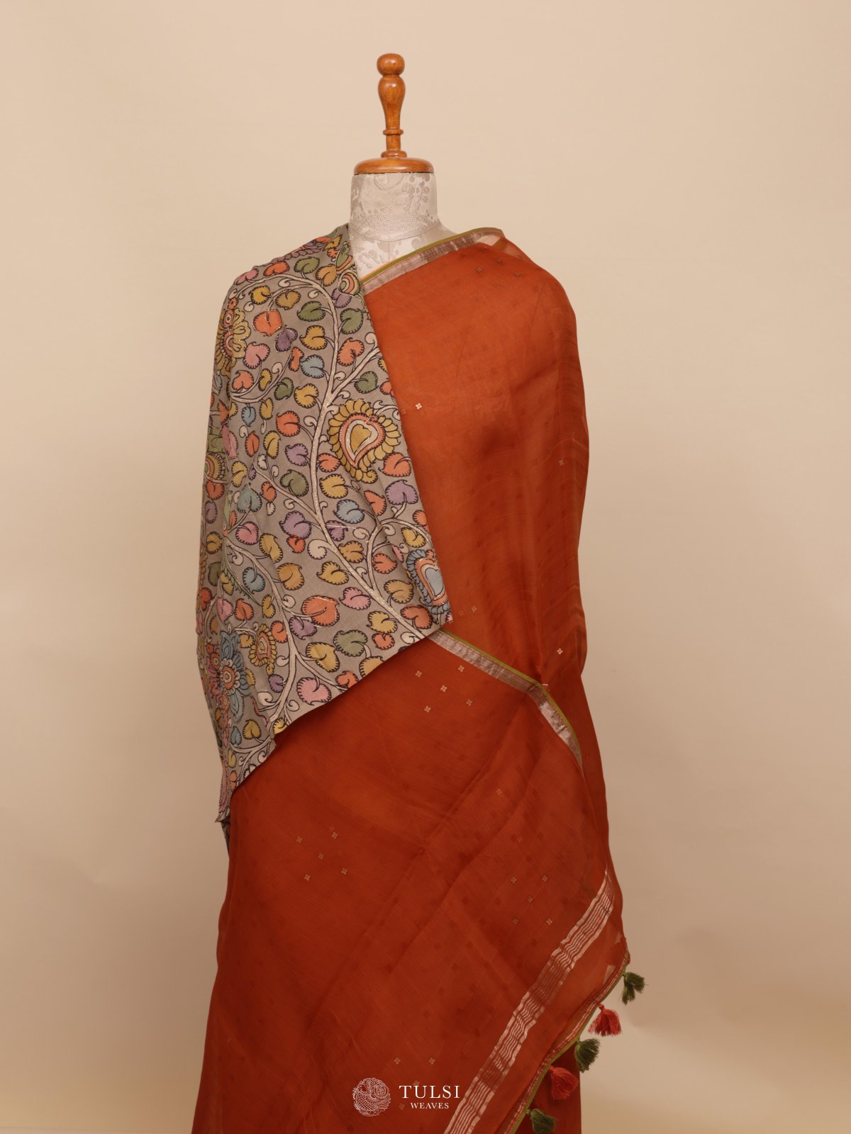 Rust Orange Organza Saree with Kalamkari Blouse