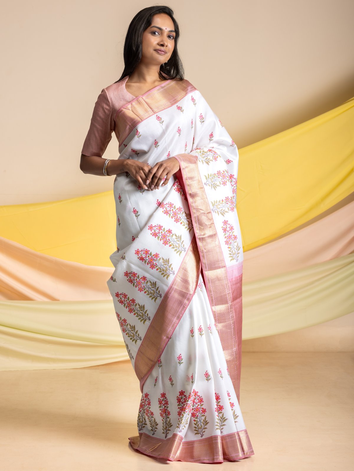 Floral Blockprint Kanjeevaram Silk Saree With Pink Zari Border