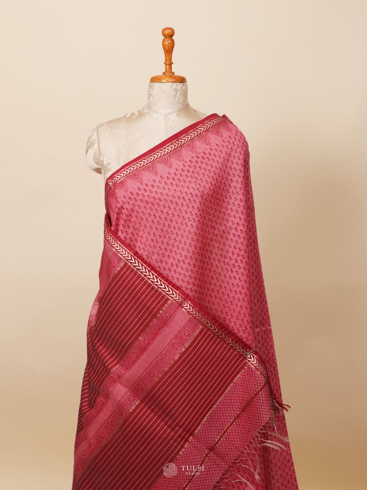 Dusty Pink Handblock Printed Maheshwari Cotton Saree