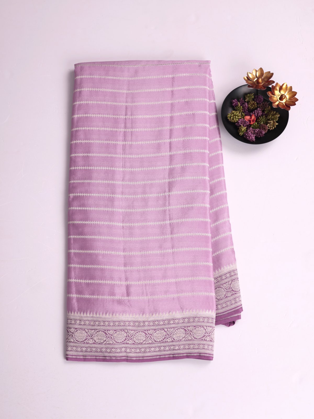 Dusty Lavender Zari Striped Banaras Crepe Silk Saree With Lavender Border 