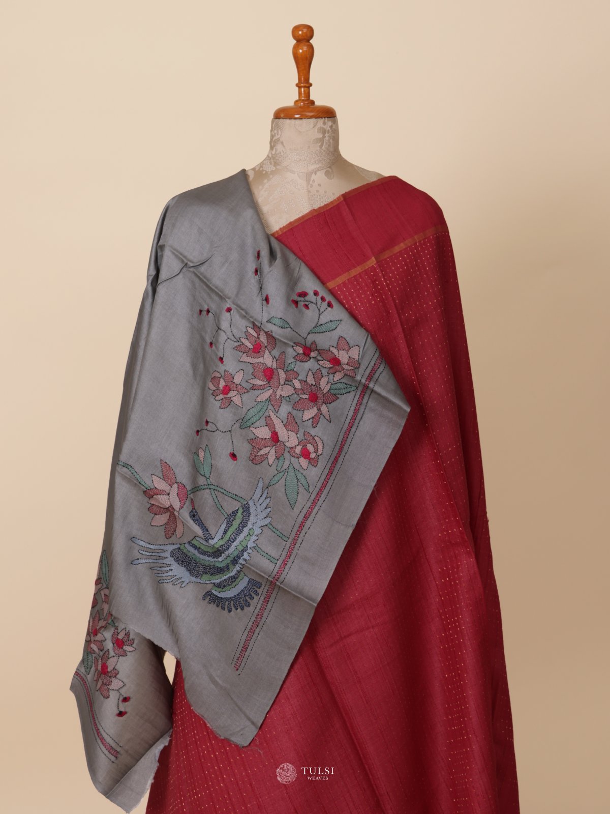 Reddish Pink Tussar Silk Saree with Kantha Embroidery