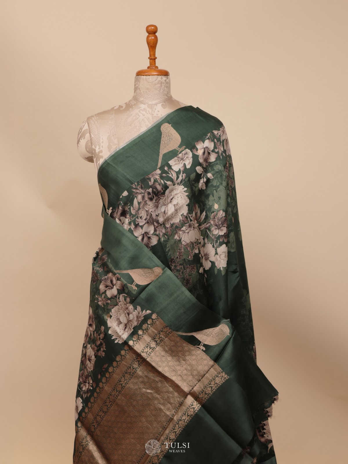 Green Printed Mashru Silk Saree