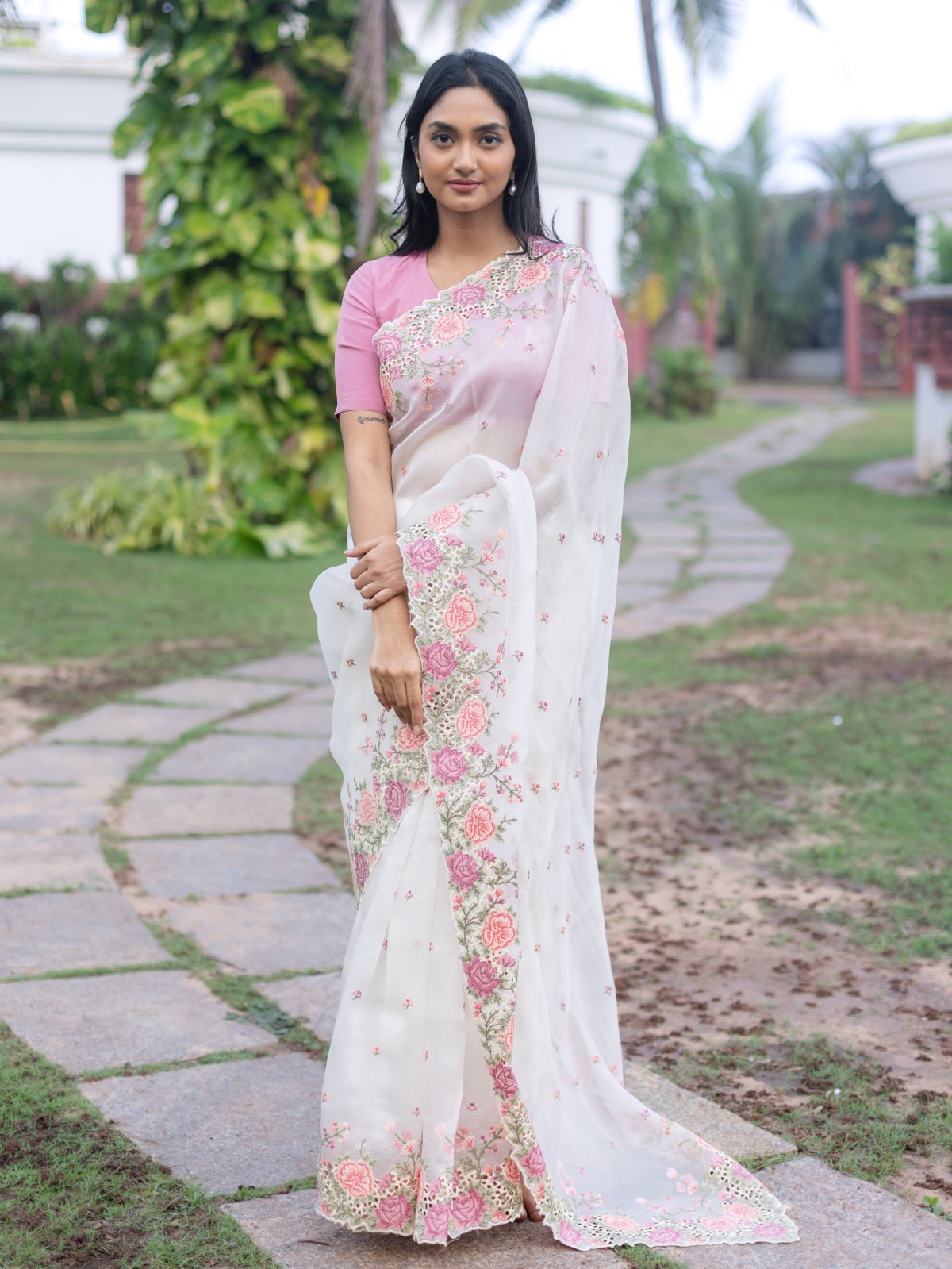 White Organza Saree With Floral Embroidered Border 