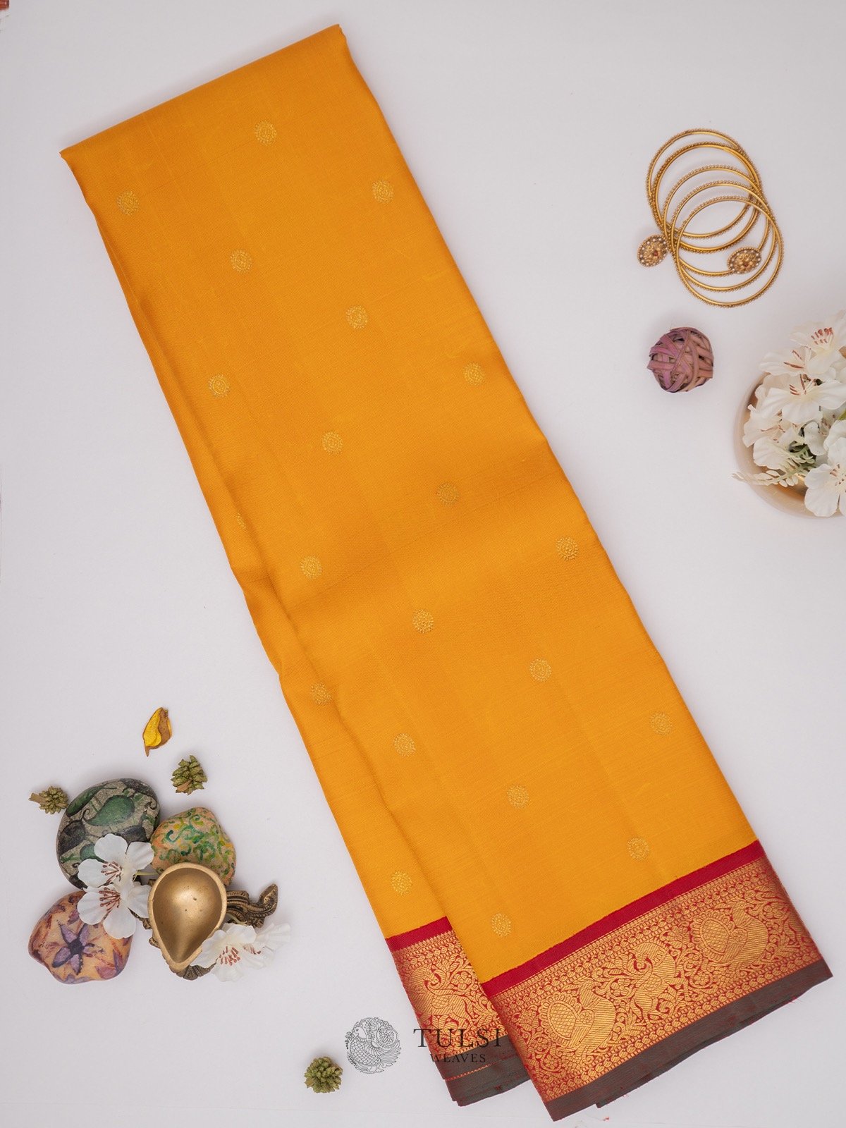 Yellow Kanchipuram Silk Saree with Maroon border