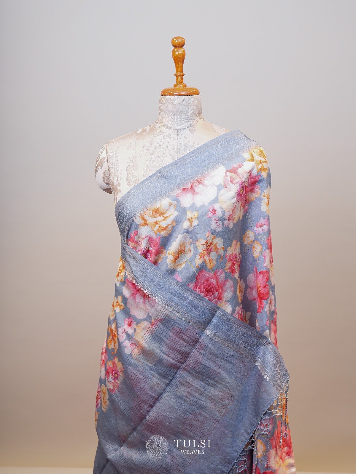 Antique Blue Munga Printed Silk Saree