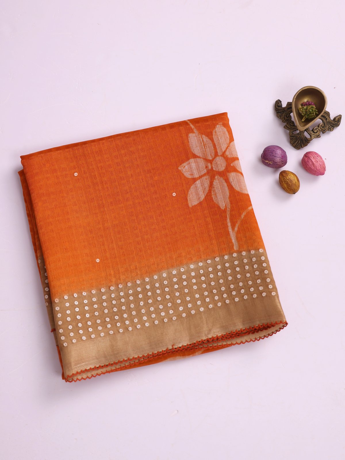 Orange Printed Organza Silk Saree With Sequins Border