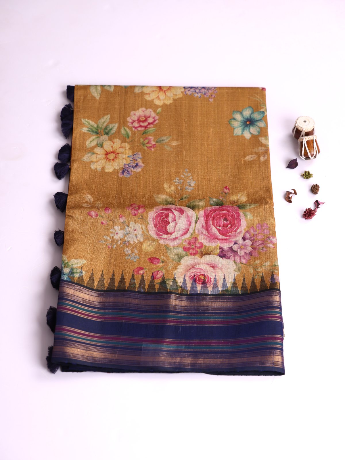 Light Golden Brown Printed Tussar Silk Saree With Navy Blue Border