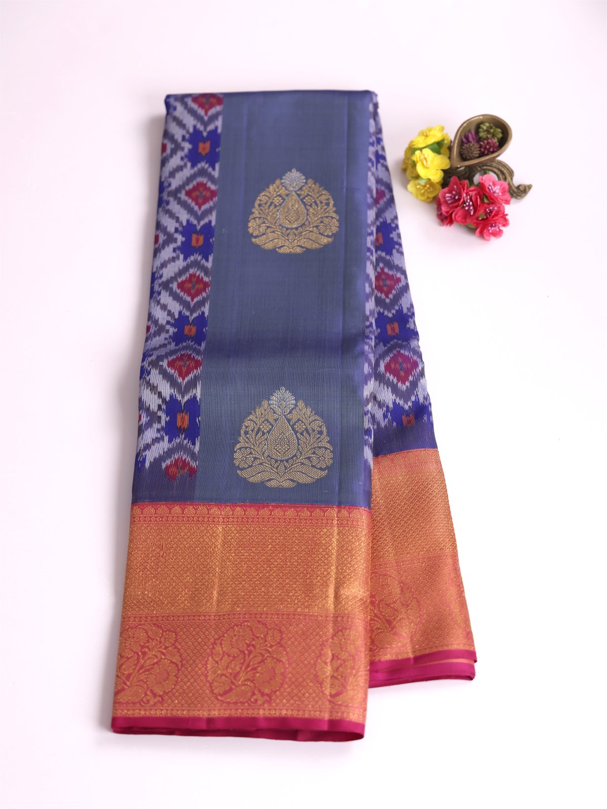 Greyish Blue Kanjeevaram Ikat Silk Saree With Pinkish Araku Border