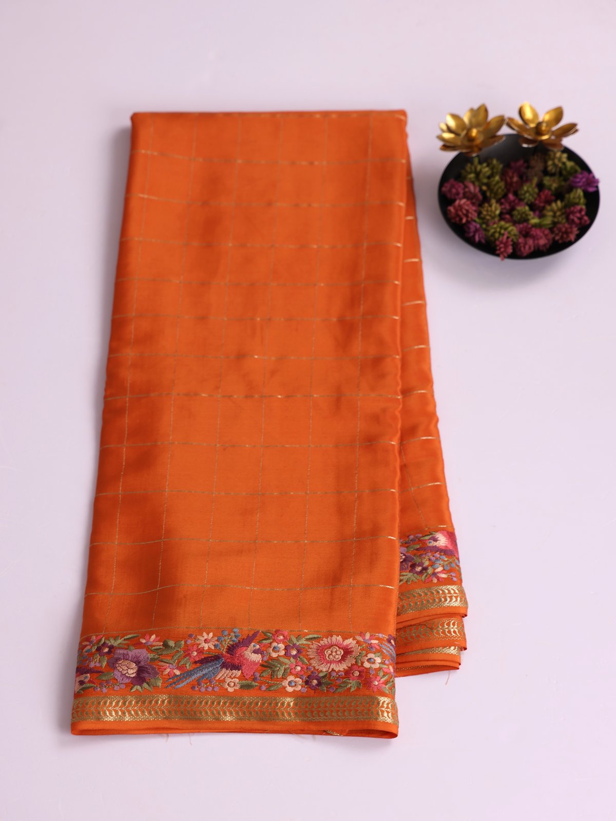 Orange Zari Checked Mysore Silk Saree With Embroidered Border