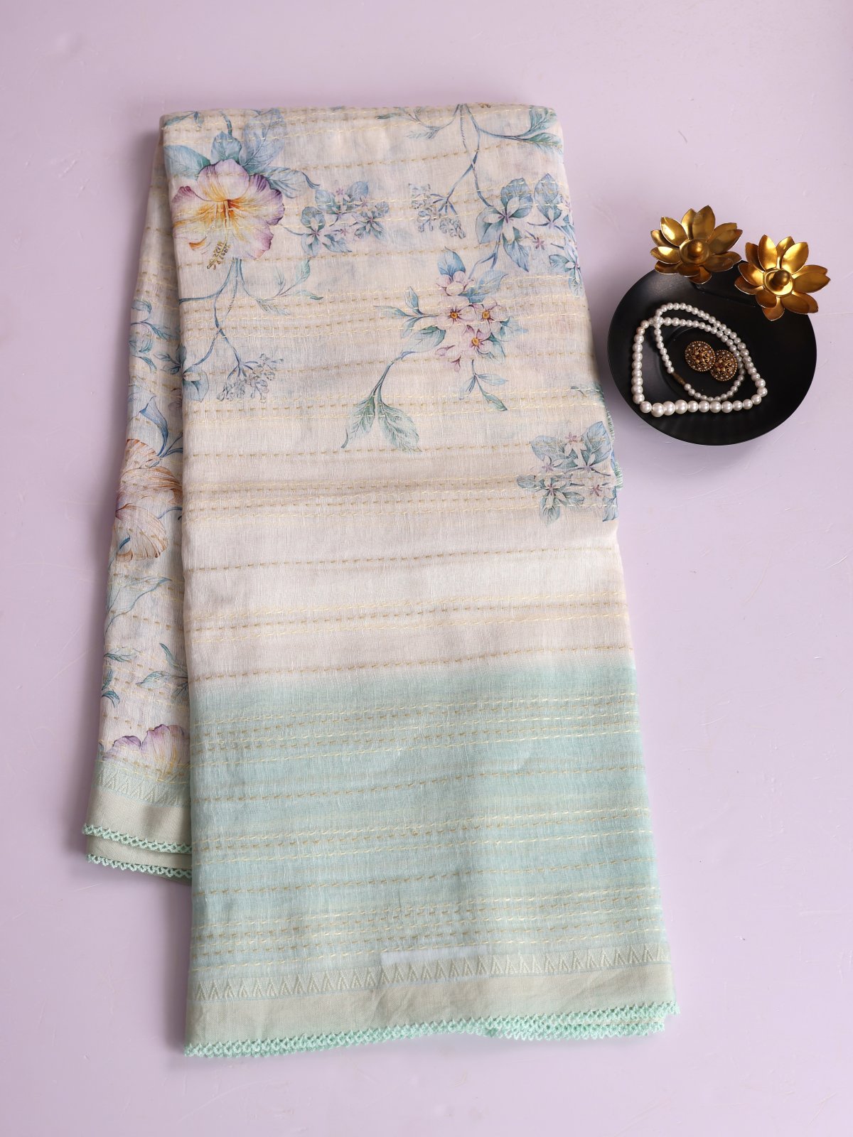 Off-White Printed Linen Saree With Embroidery