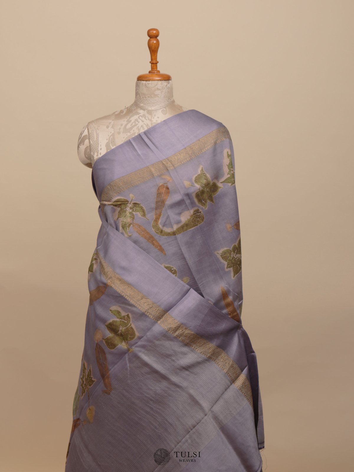 Grey Eco Print Silk Saree With Satin Border