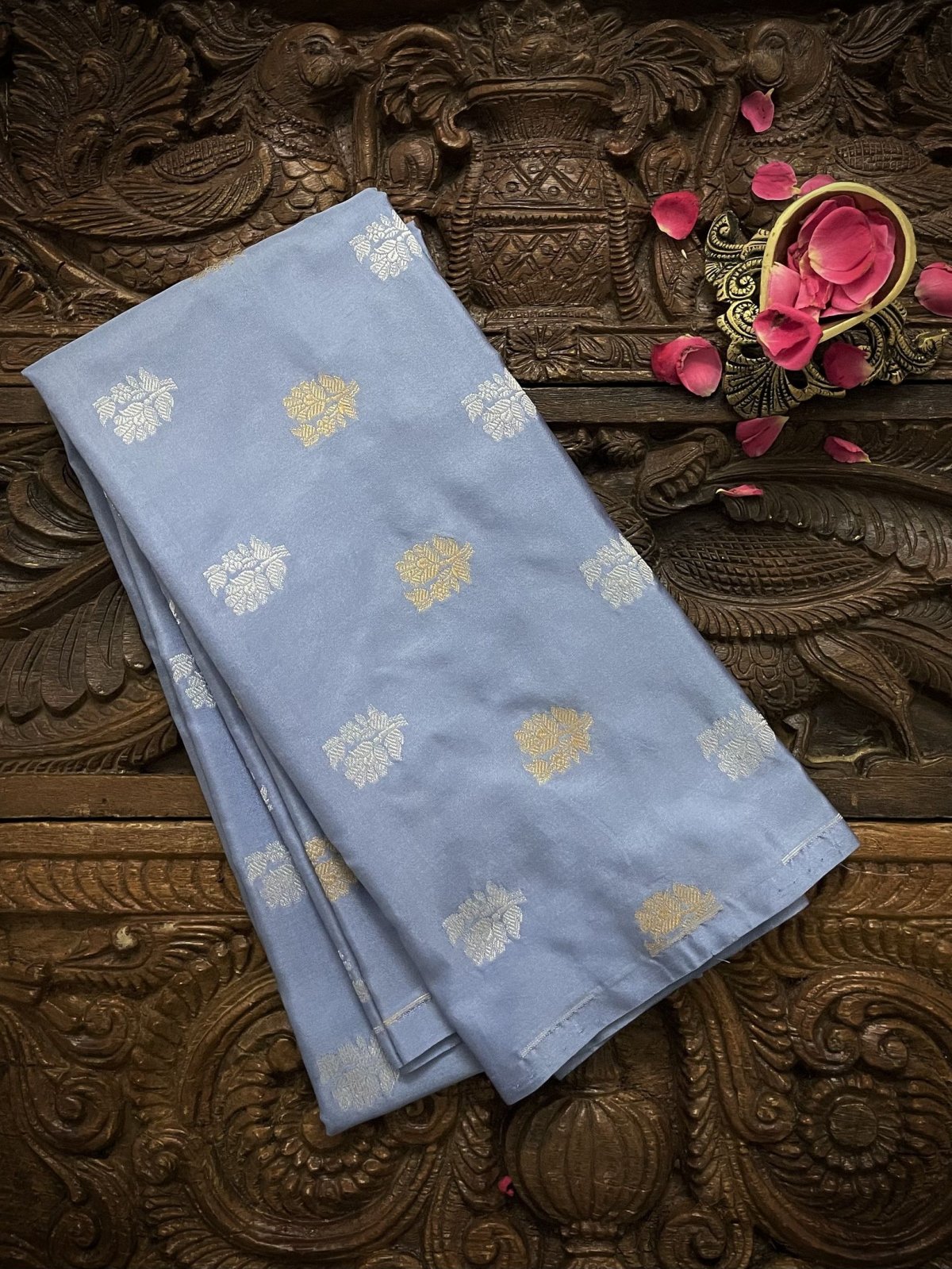 Powder Blue Banaras Silk Blouse With Gold and Silver Zari Buttis