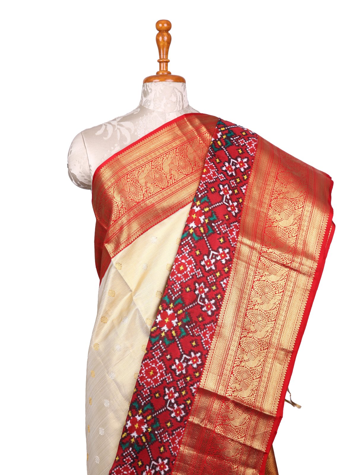 Beige Tissue Kanjeevaram Silk Saree With Red Patan Patola Border