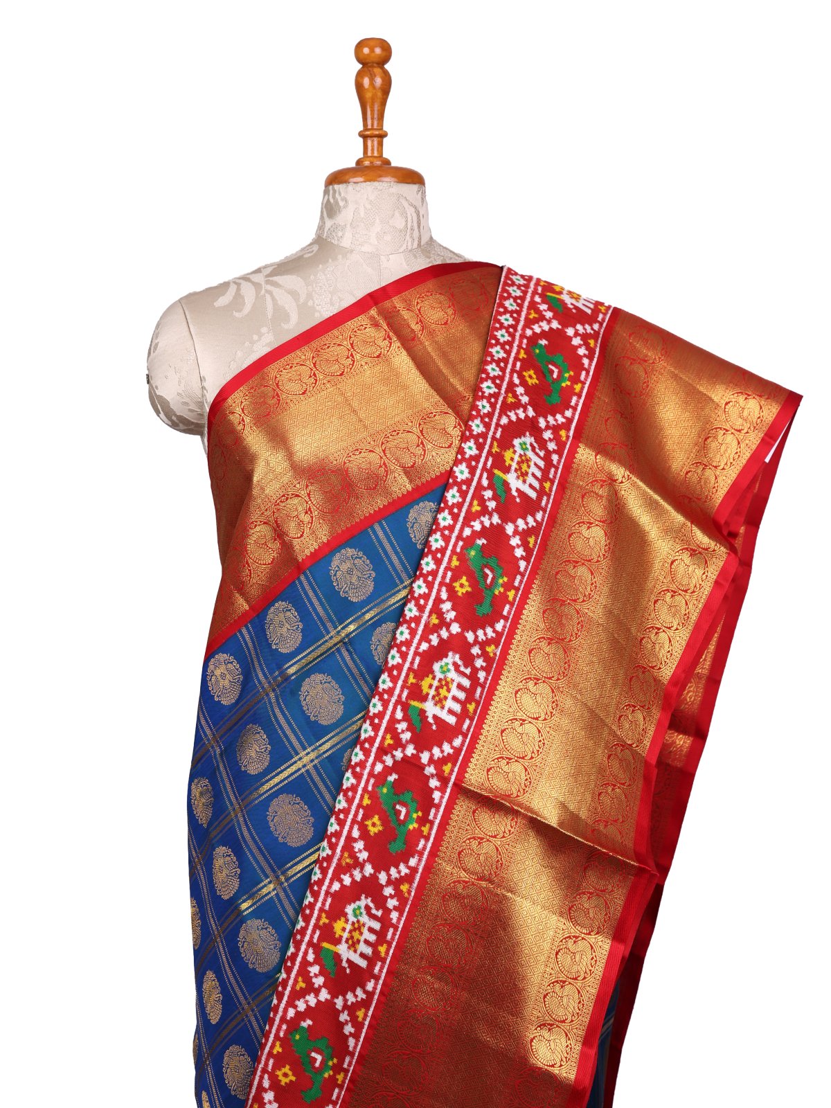Peacock Blue Zari Checked Kanjeevaram Silk Saree With Red Patan Patola Border