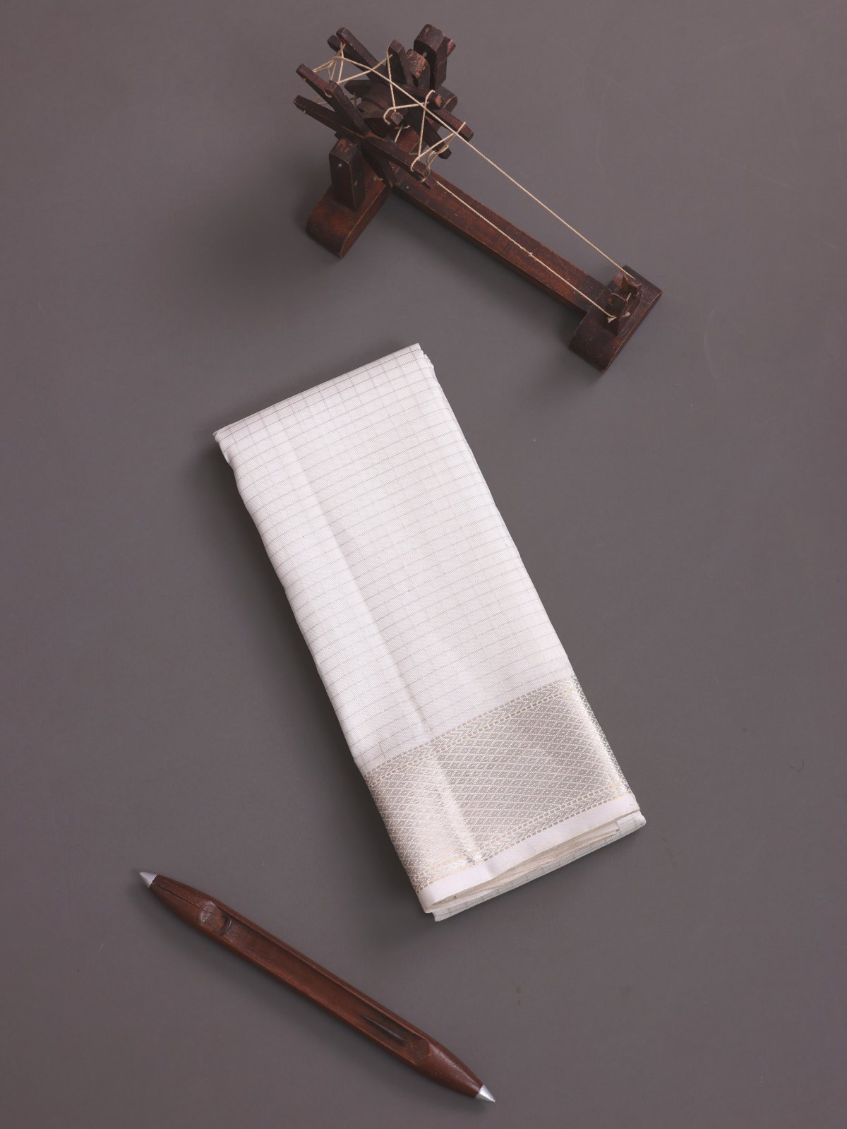 Off White Zari Checked Silk Dhoti With Zari Border